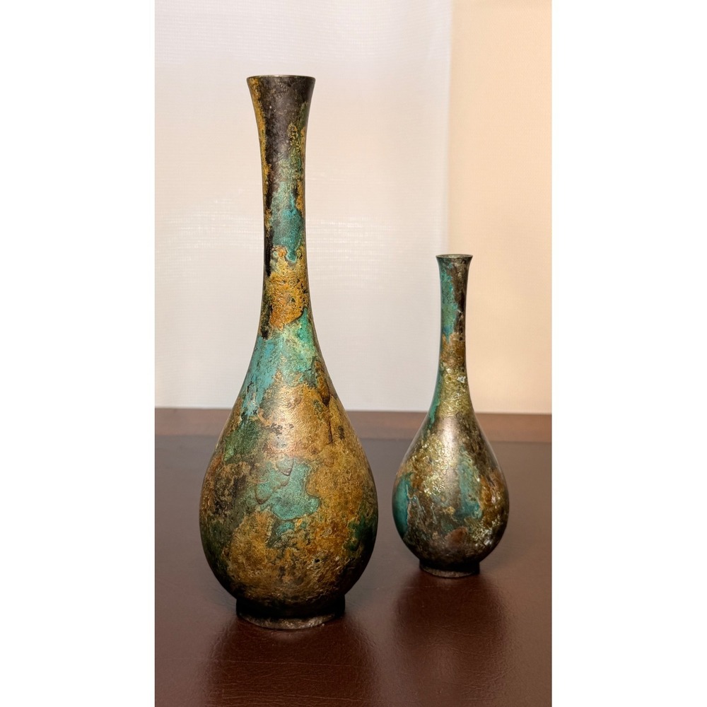 Vintage Japanese Style Patinated Bronze Solifleur Bud Vase Set Verdigris MCM